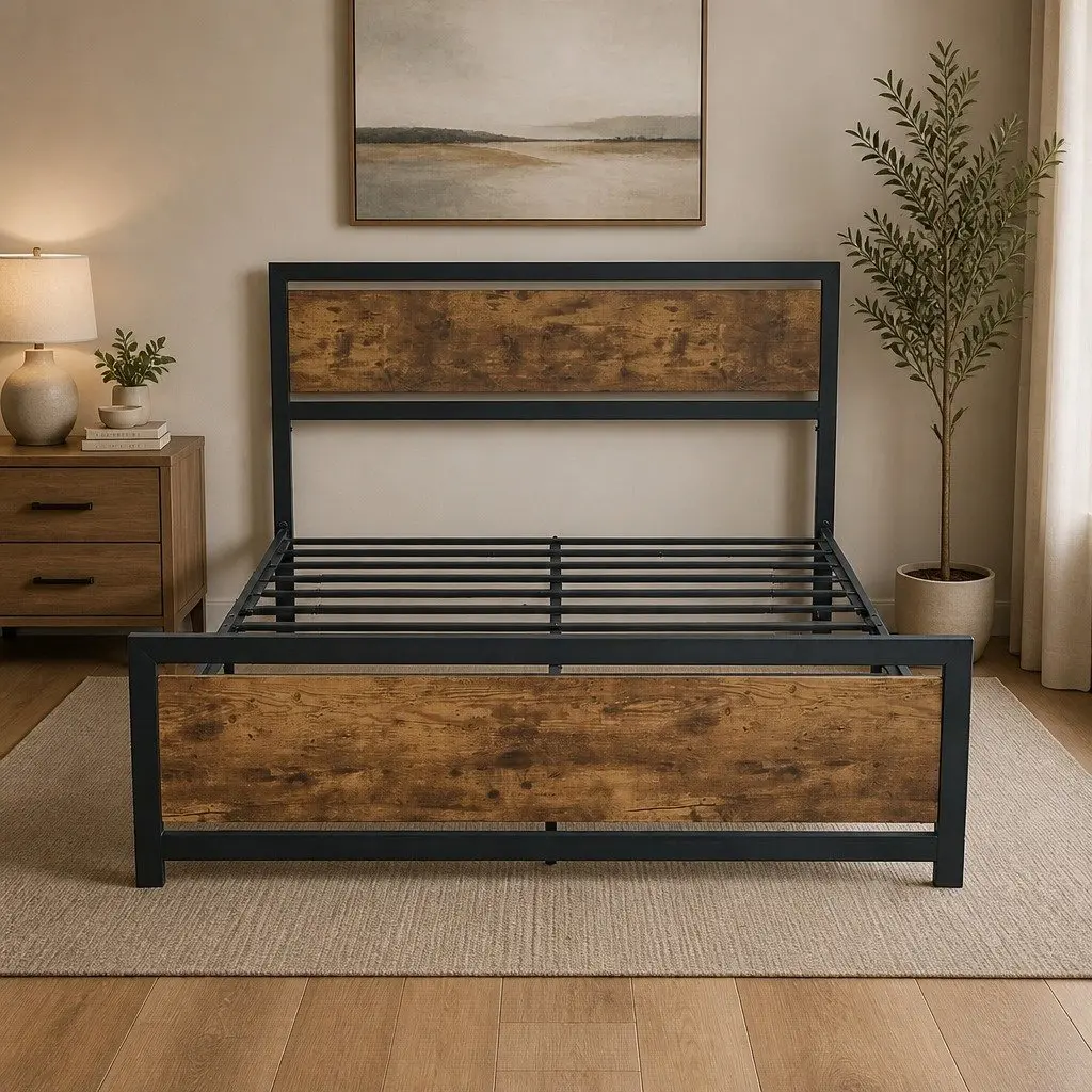 Metal Bed Frame Industrial Double Queen Size Steel Slats Storage Mattress Base
