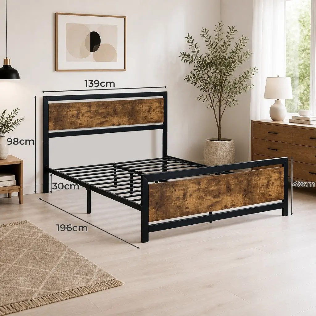 Metal Bed Frame Industrial Double Queen Size Steel Slats Storage Mattress Base