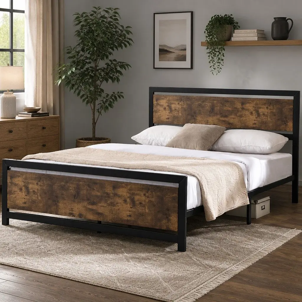 Metal Bed Frame Industrial Double Queen Size Steel Slats Storage Mattress Base