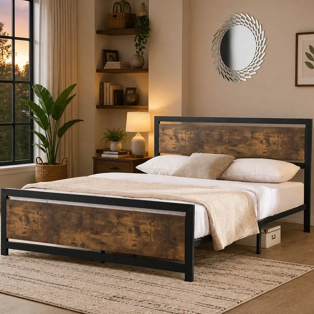 Metal Bed Frame Industrial Double Queen Size Steel Slats Storage Mattress Base