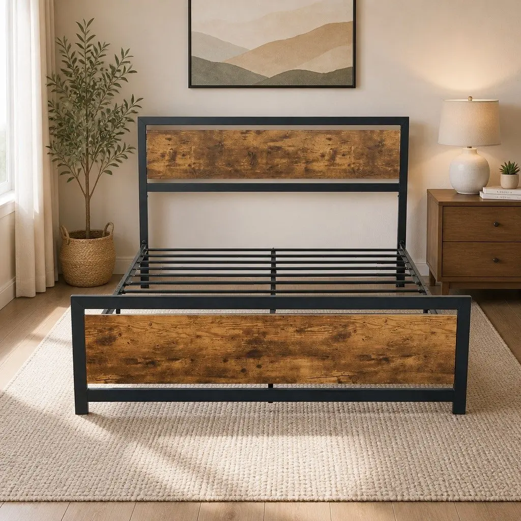 Queen Size Metal Bed Frame with Industrial Style