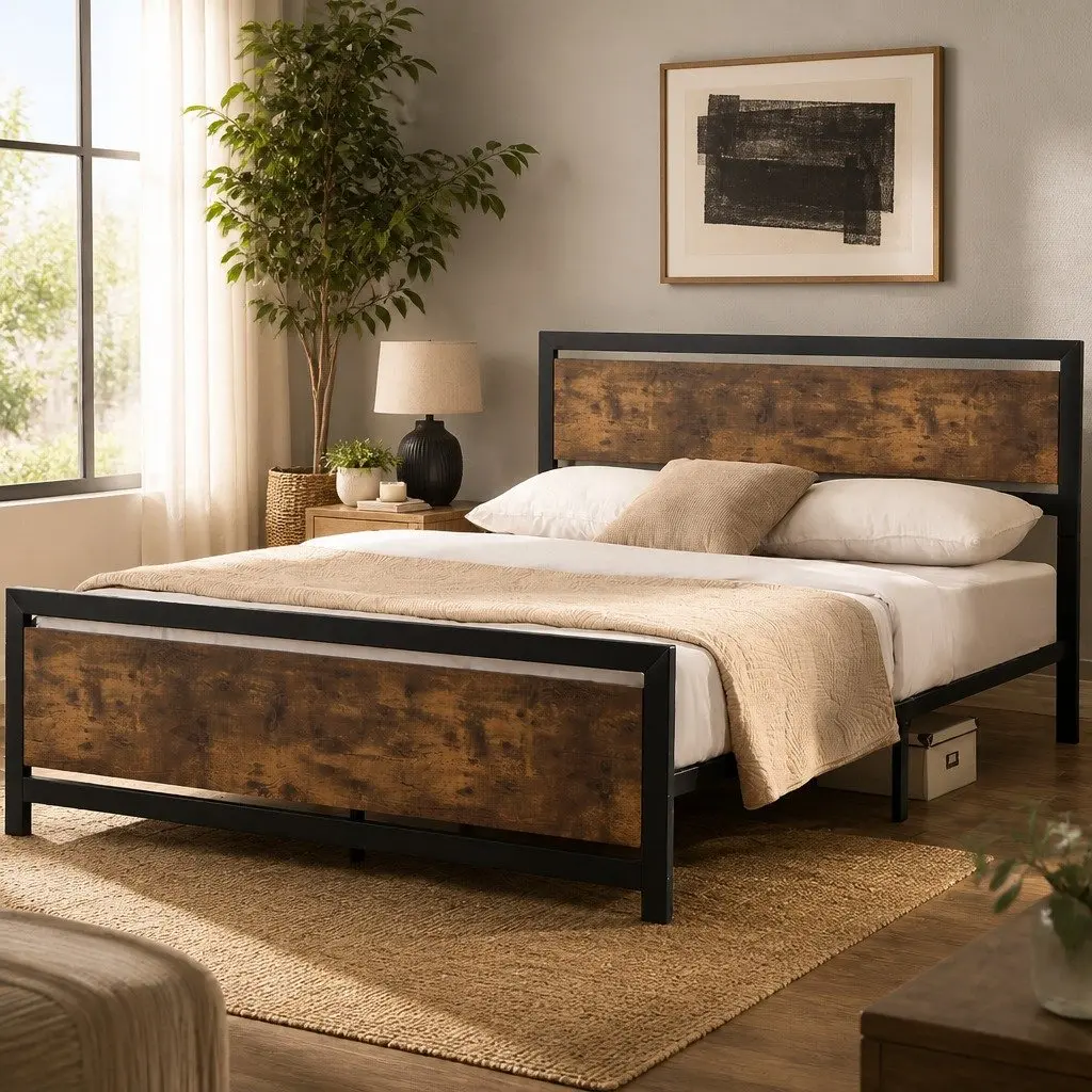Queen Size Metal Bed Frame with Industrial Style