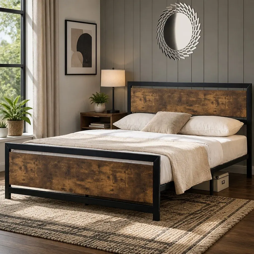 Queen Size Metal Bed Frame with Industrial Style