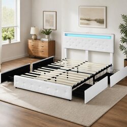 Queen Size Bed Frame with USB Charging and LED Storage