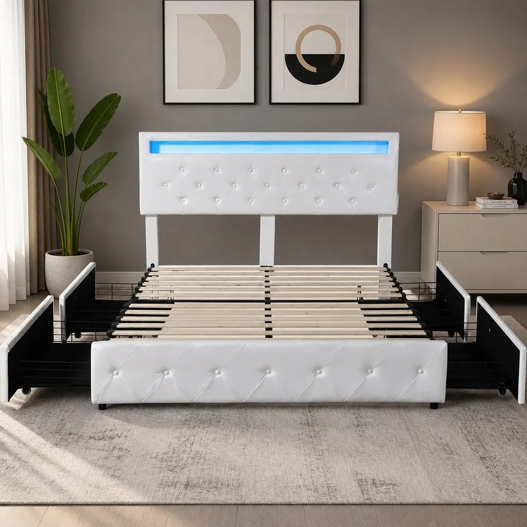 Queen Size Double Bed Frame PU Leather RGB LED with Storage Drawers and USB Charging Port