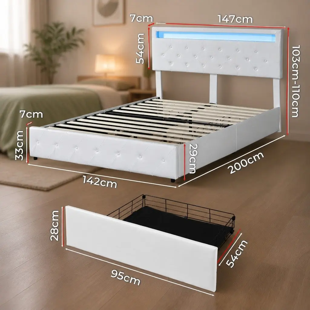 Queen Size Double Bed Frame PU Leather RGB LED with Storage Drawers and USB Charging Port