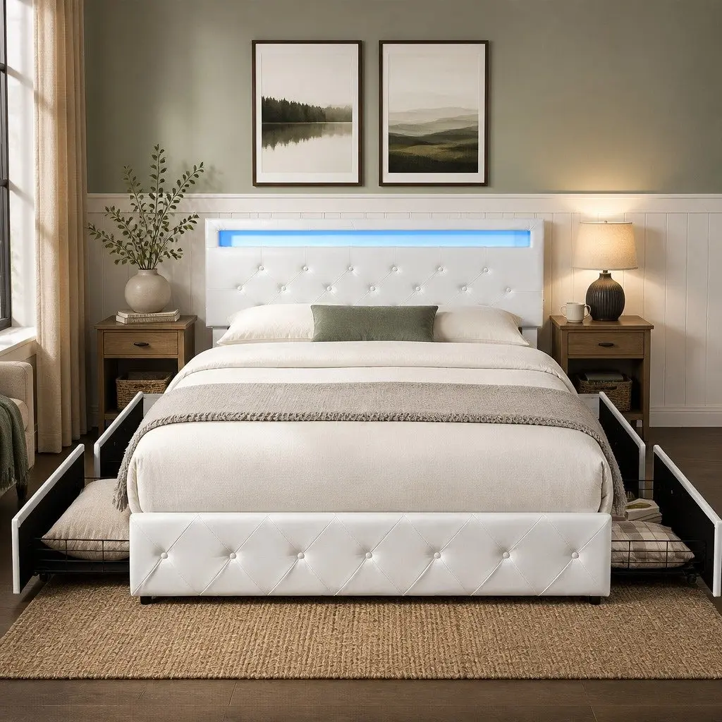 Queen Size Double Bed Frame PU Leather RGB LED with Storage Drawers and USB Charging Port