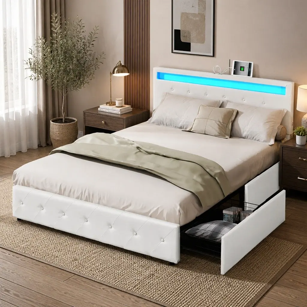 Queen Size Double Bed Frame PU Leather RGB LED with Storage Drawers and USB Charging Port