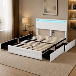 Queen Bed Frame with 4 Drawers and RGB LED Lights