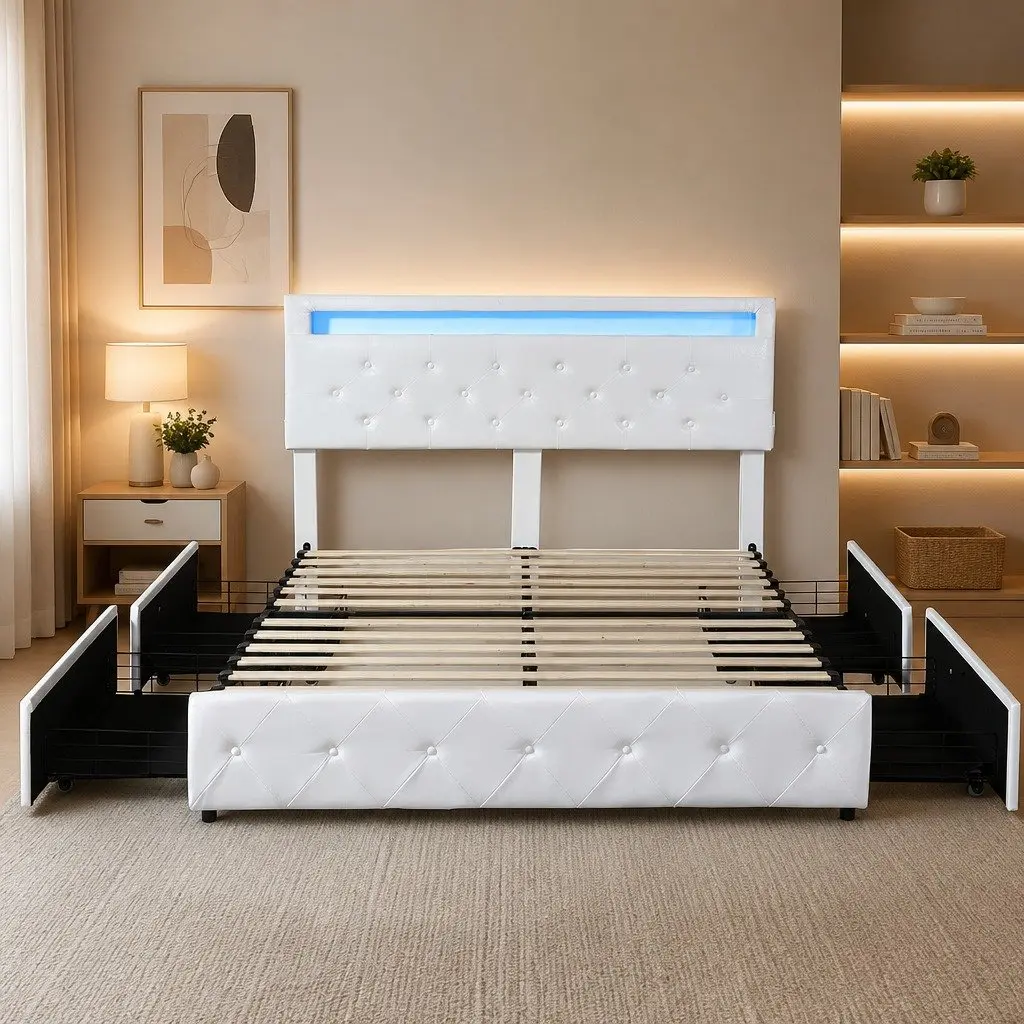 Queen Bed Frame Cream PU Leather with 4 Storage Drawers RGB LED Lights USB Charging Ports Adjustable Headboard Solid Wood and Steel Construction