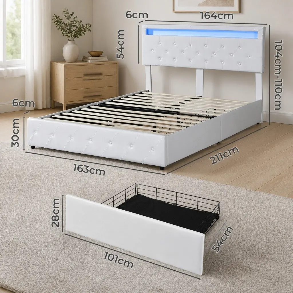 Queen Bed Frame Cream PU Leather with 4 Storage Drawers RGB LED Lights USB Charging Ports Adjustable Headboard Solid Wood and Steel Construction