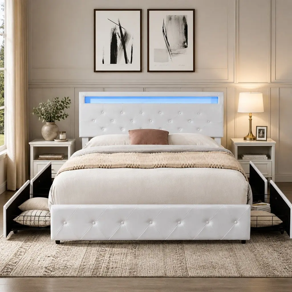 Queen Bed Frame Cream PU Leather with 4 Storage Drawers RGB LED Lights USB Charging Ports Adjustable Headboard Solid Wood and Steel Construction