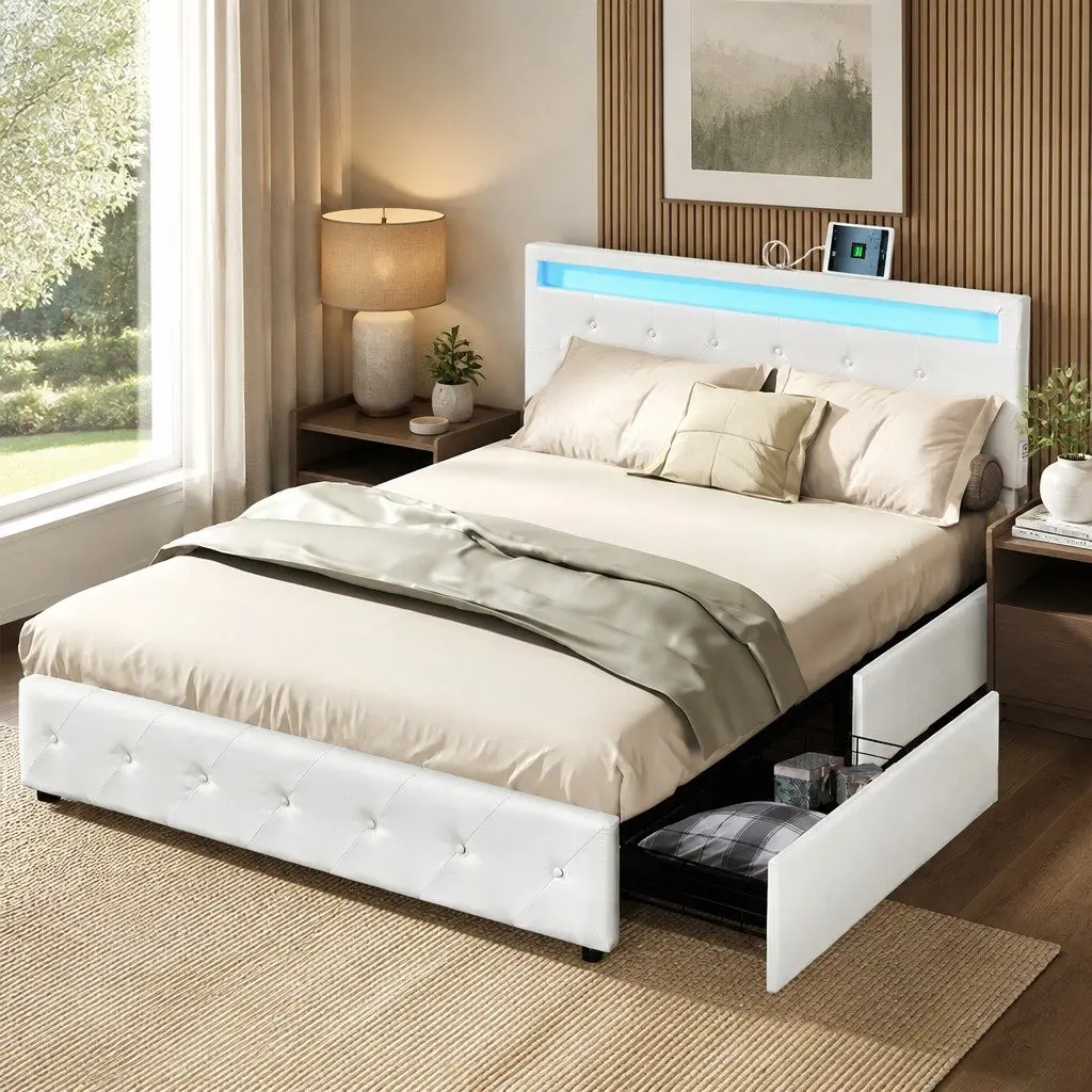 Queen Bed Frame Cream PU Leather with 4 Storage Drawers RGB LED Lights USB Charging Ports Adjustable Headboard Solid Wood and Steel Construction