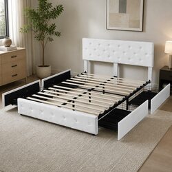 Warm Queen Bed Frame with 4 Storage Drawers