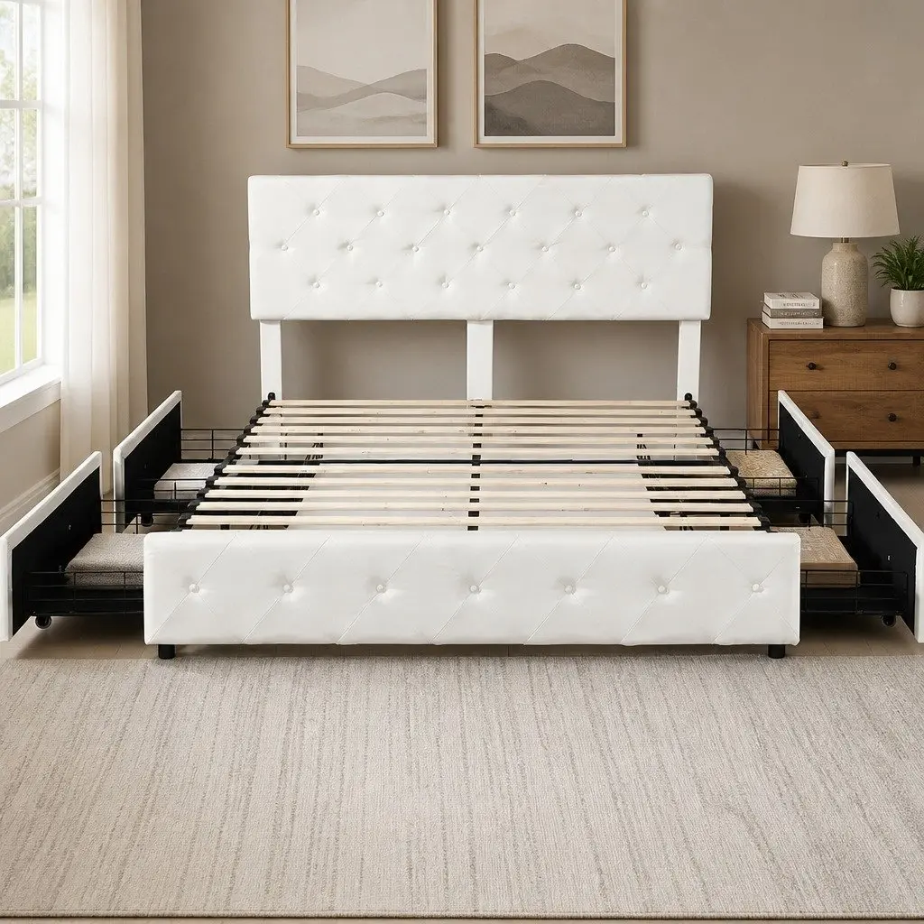 Queen Bed Frame Cream Tufted Headboard 212cm x 164cm Plywood Steel Polyester with 4 Storage Drawers