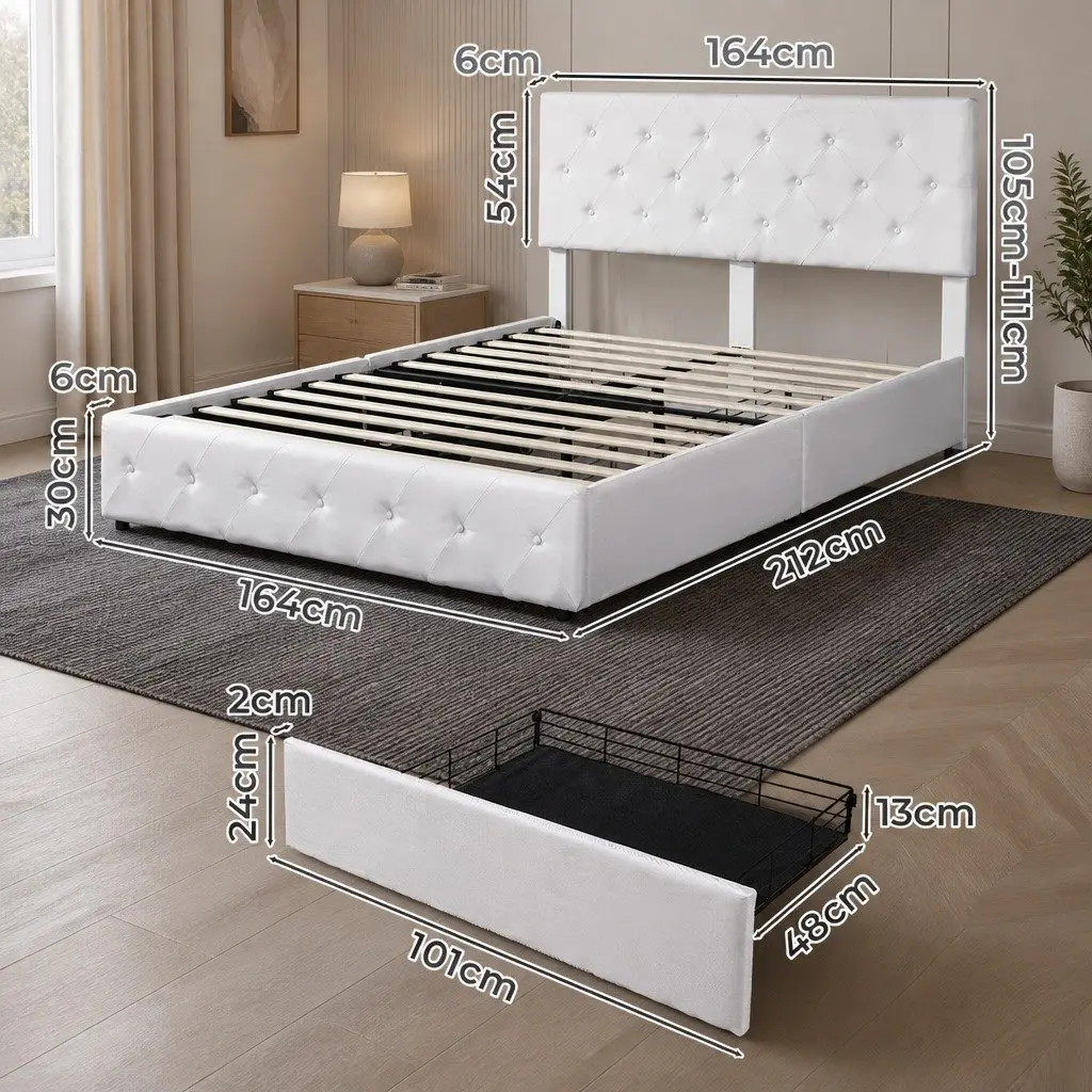 Queen Bed Frame Cream Tufted Headboard 212cm x 164cm Plywood Steel Polyester with 4 Storage Drawers