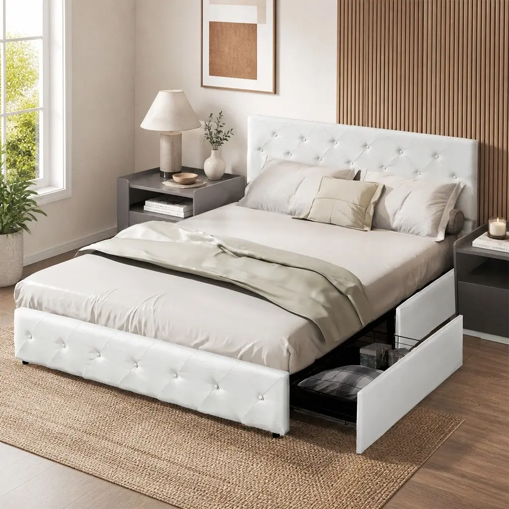 Queen Bed Frame Cream Tufted Headboard 212cm x 164cm Plywood Steel Polyester with 4 Storage Drawers