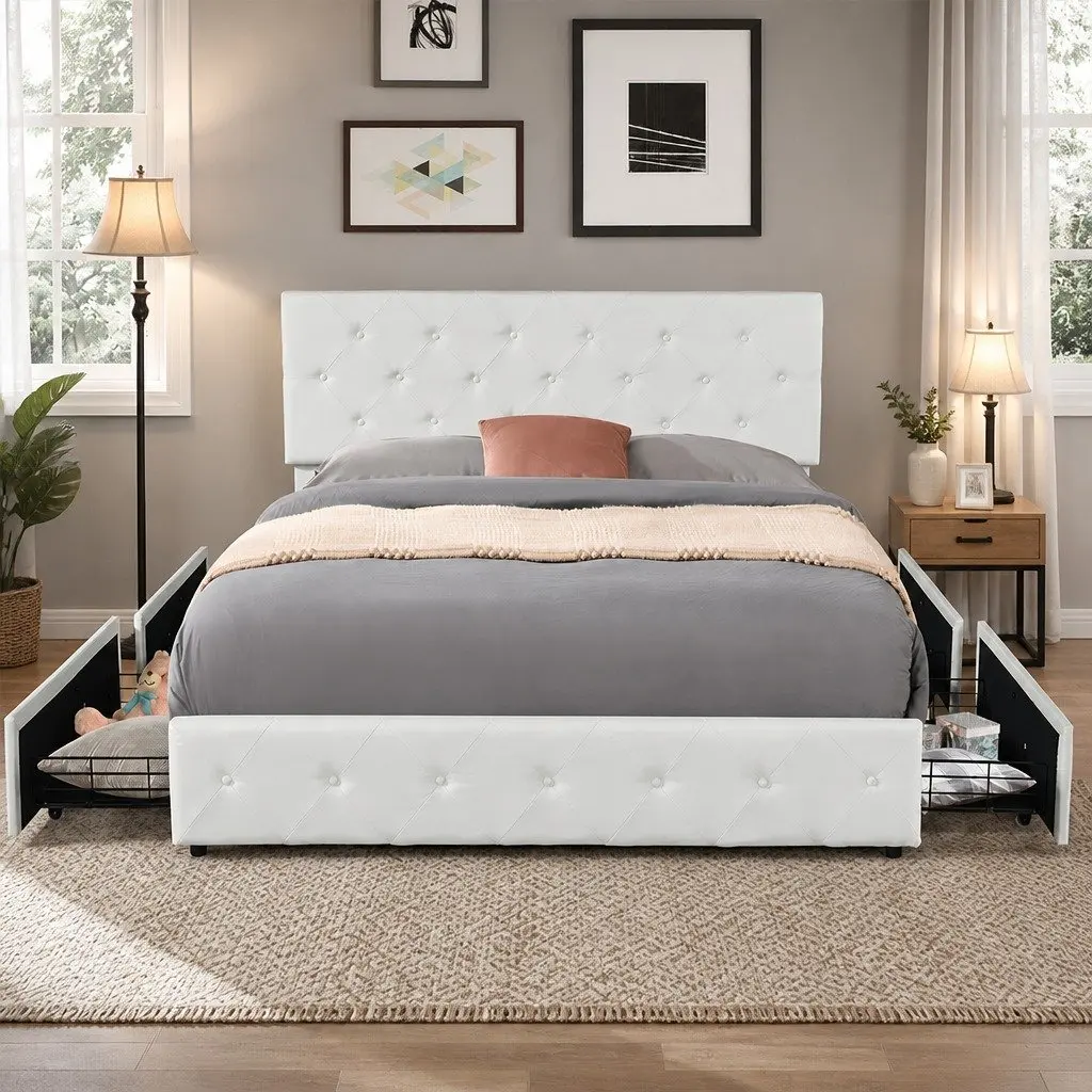 Queen Bed Frame Cream Tufted Headboard 212cm x 164cm Plywood Steel Polyester with 4 Storage Drawers