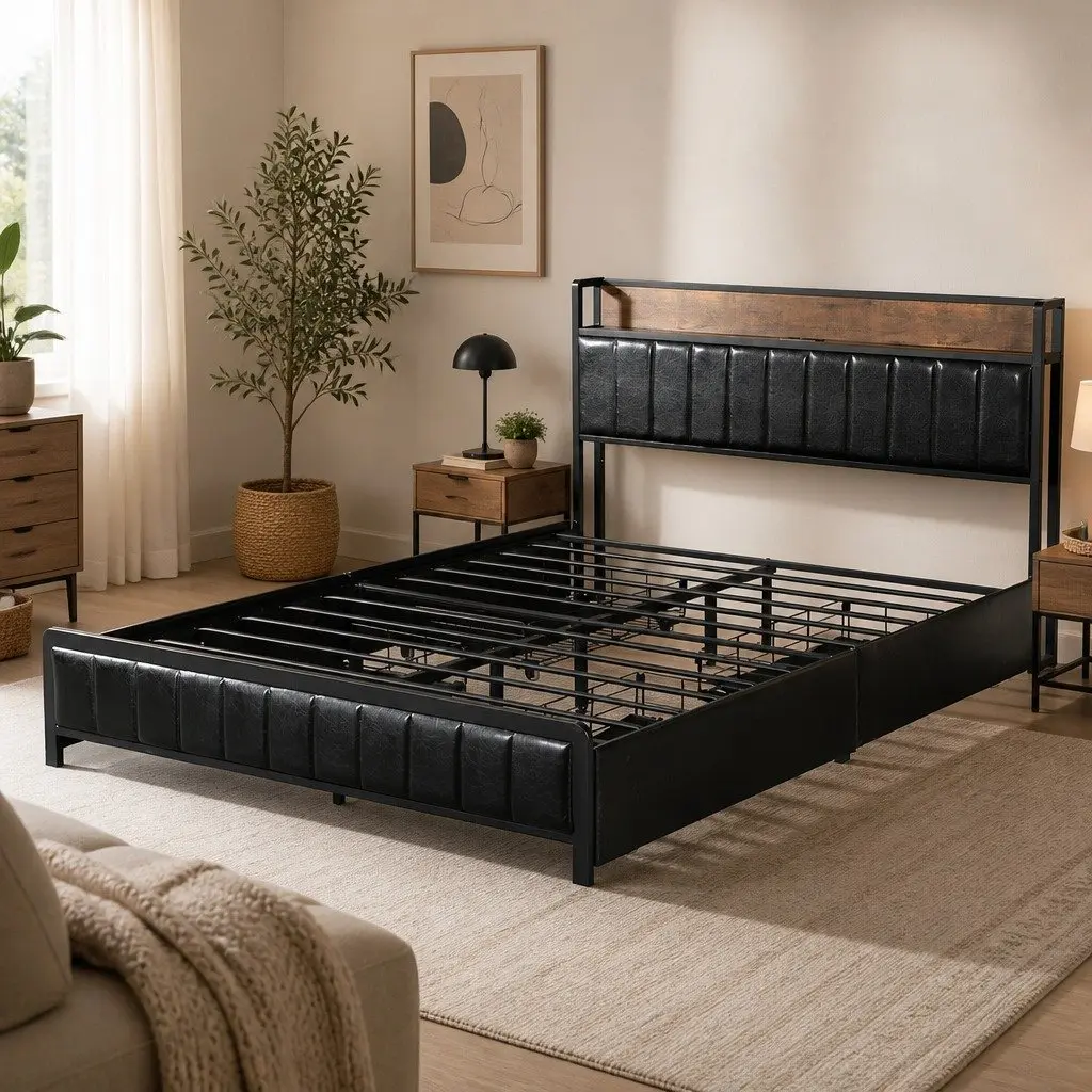 Queen Bed Frame Industrial Style with 4 Storage Drawers PU Leather Headboard and USB Charging Ports
