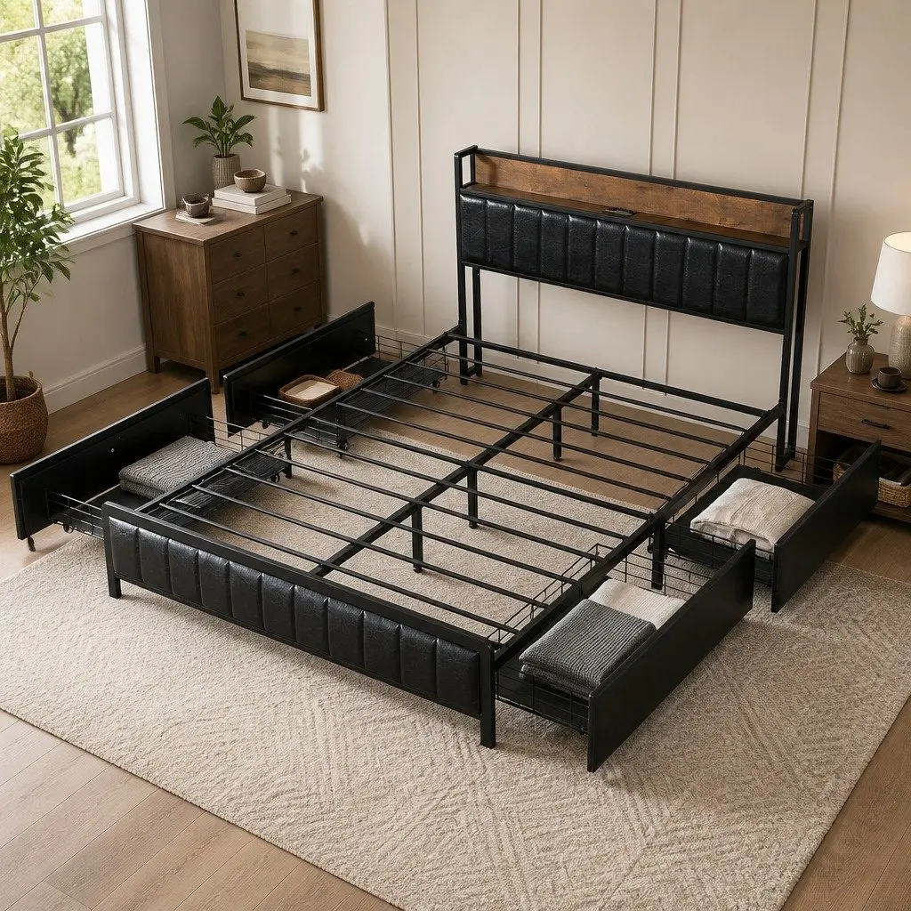 Queen Bed Frame Industrial Style with 4 Storage Drawers PU Leather Headboard and USB Charging Ports