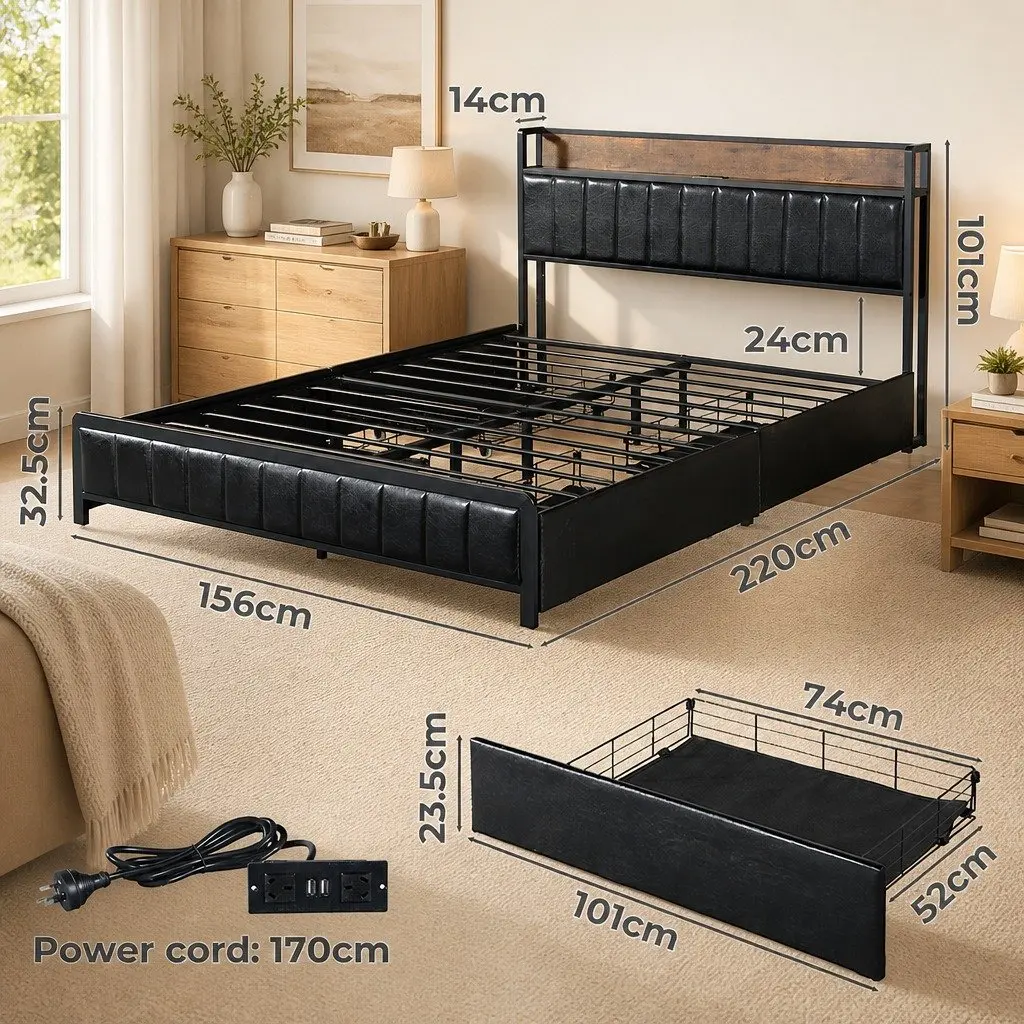 Queen Bed Frame Industrial Style with 4 Storage Drawers PU Leather Headboard and USB Charging Ports