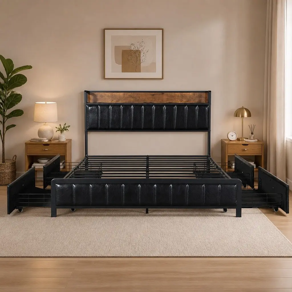 Queen Bed Frame Industrial Style with 4 Storage Drawers PU Leather Headboard and USB Charging Ports