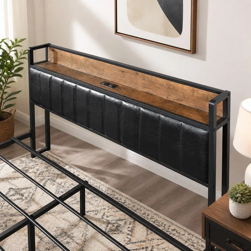 Queen Bed Frame Industrial Style with 4 Storage Drawers PU Leather Headboard and USB Charging Ports