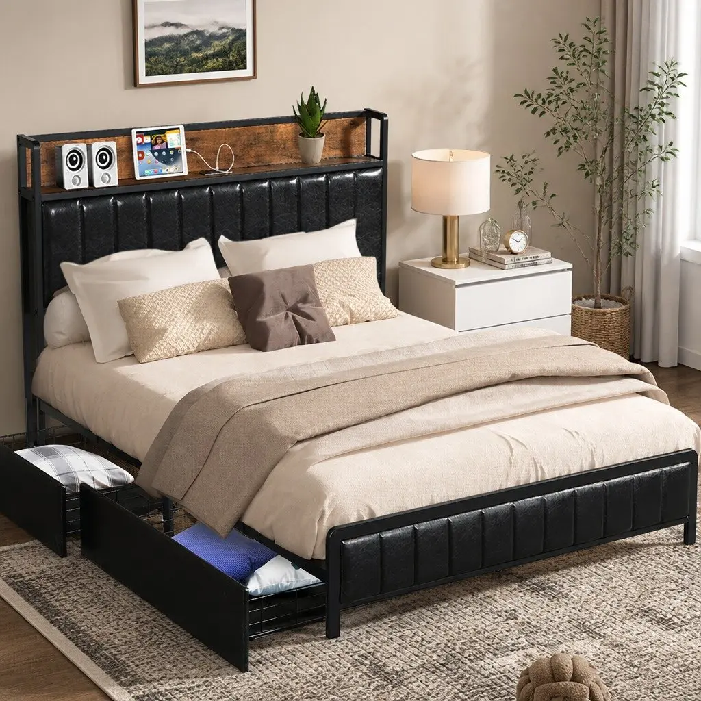 Queen Bed Frame Industrial Style with 4 Storage Drawers PU Leather Headboard and USB Charging Ports