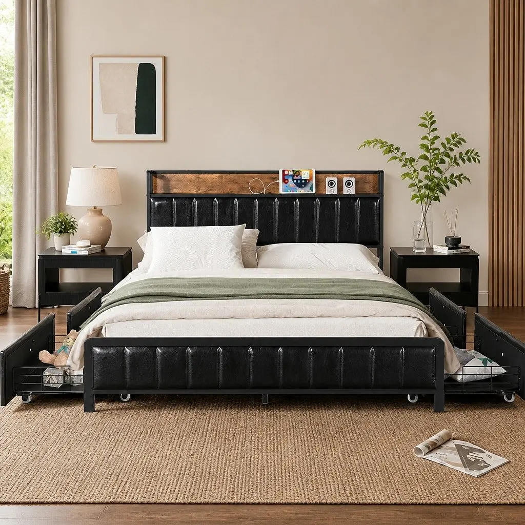 Queen Bed Frame Industrial Style with 4 Storage Drawers PU Leather Headboard and USB Charging Ports