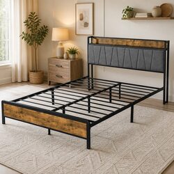 Double Bed Frame with Tufted Upholstered Headboard and USB Ports