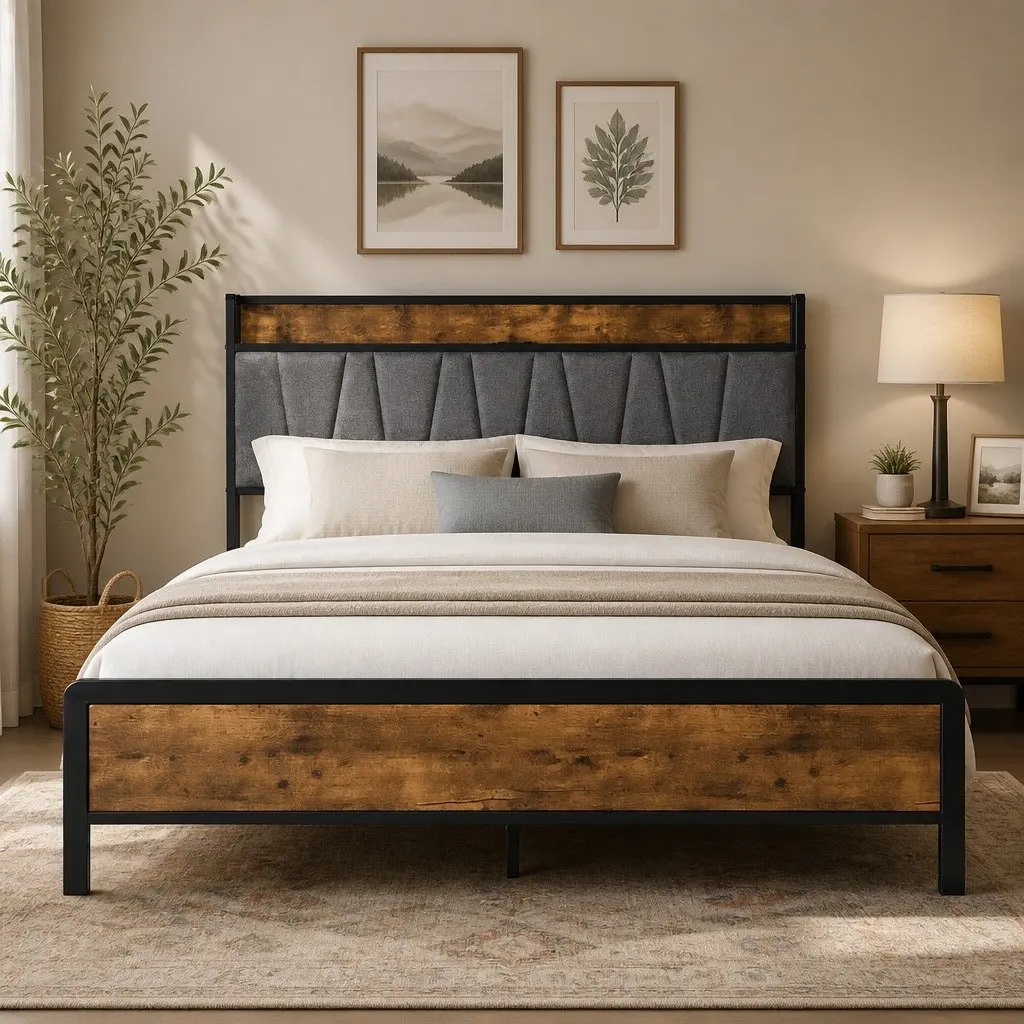 Double Bed Frame with Tufted Upholstered Headboard and USB Ports