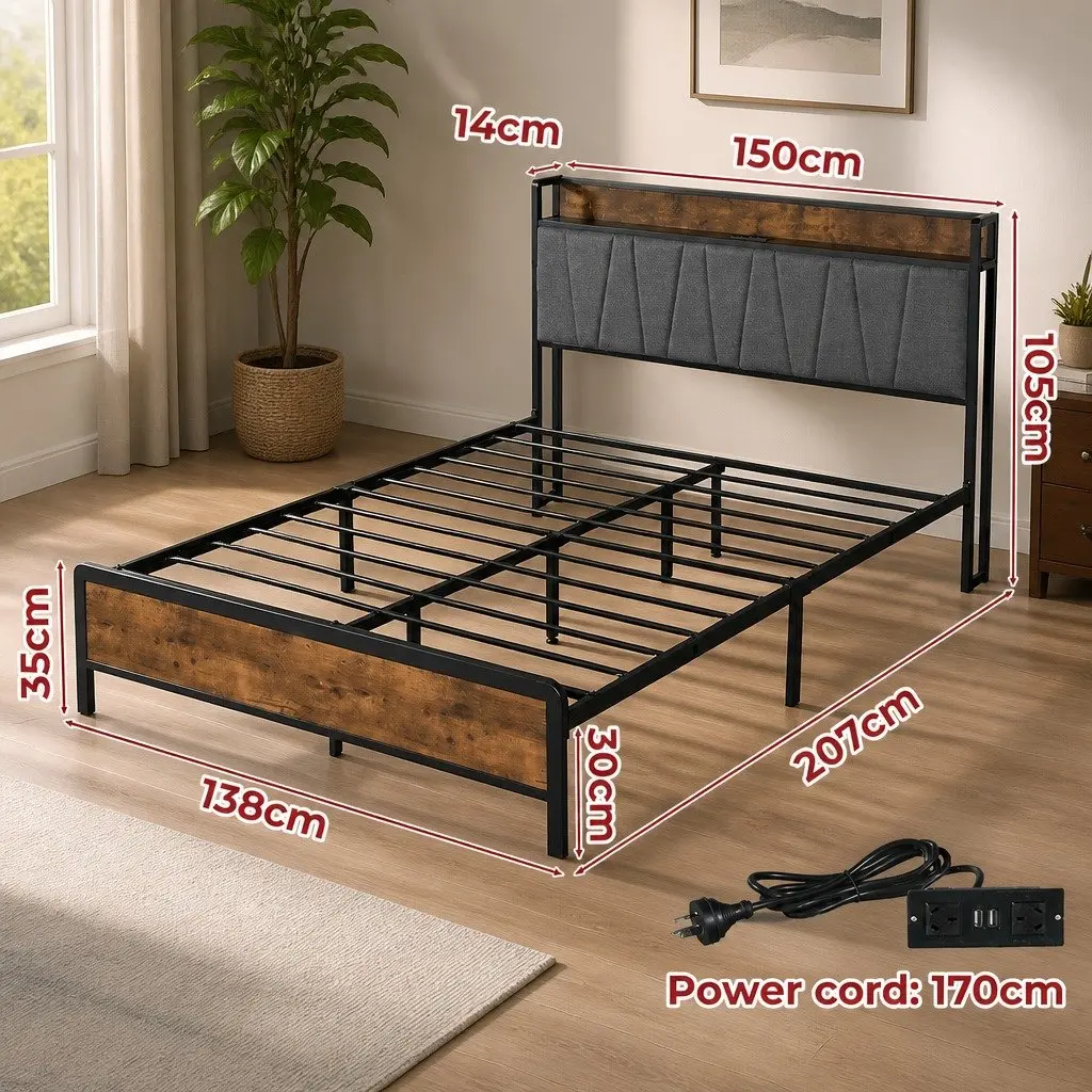 Double Bed Frame with Tufted Upholstered Headboard and USB Ports