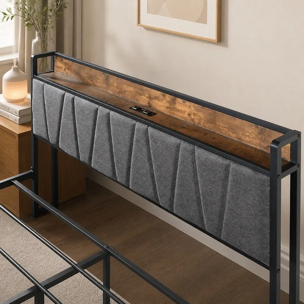 Double Bed Frame with Tufted Upholstered Headboard and USB Ports