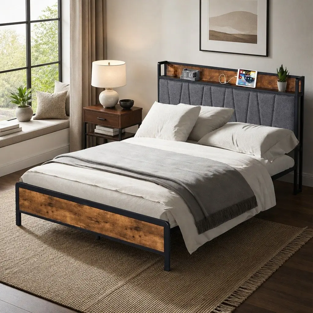 Double Bed Frame with Tufted Upholstered Headboard and USB Ports