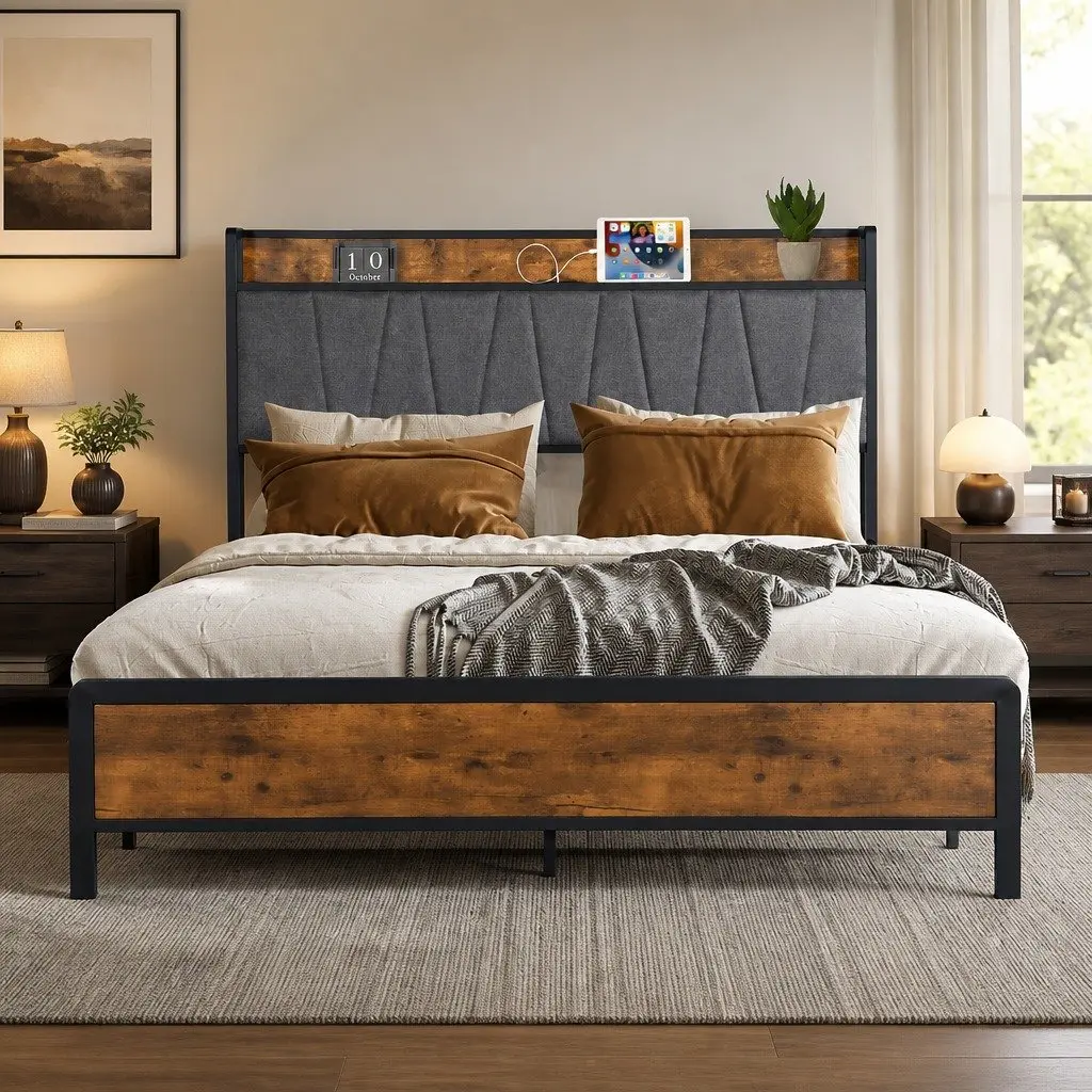 Double Bed Frame with Tufted Upholstered Headboard and USB Ports
