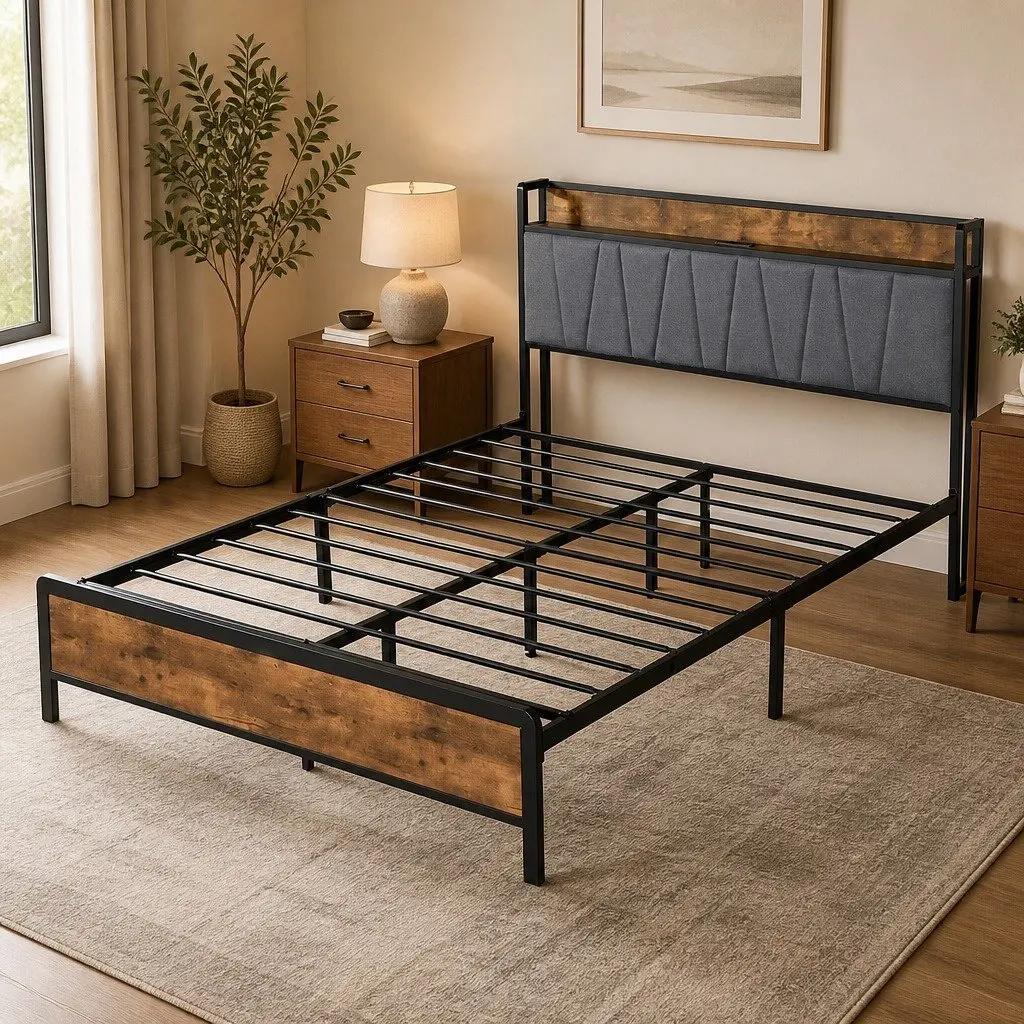 Upholstered Queen Bed Frame with USB Ports and Storage Shelf