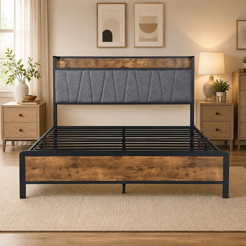 Upholstered Queen Bed Frame with USB Ports and Storage Shelf