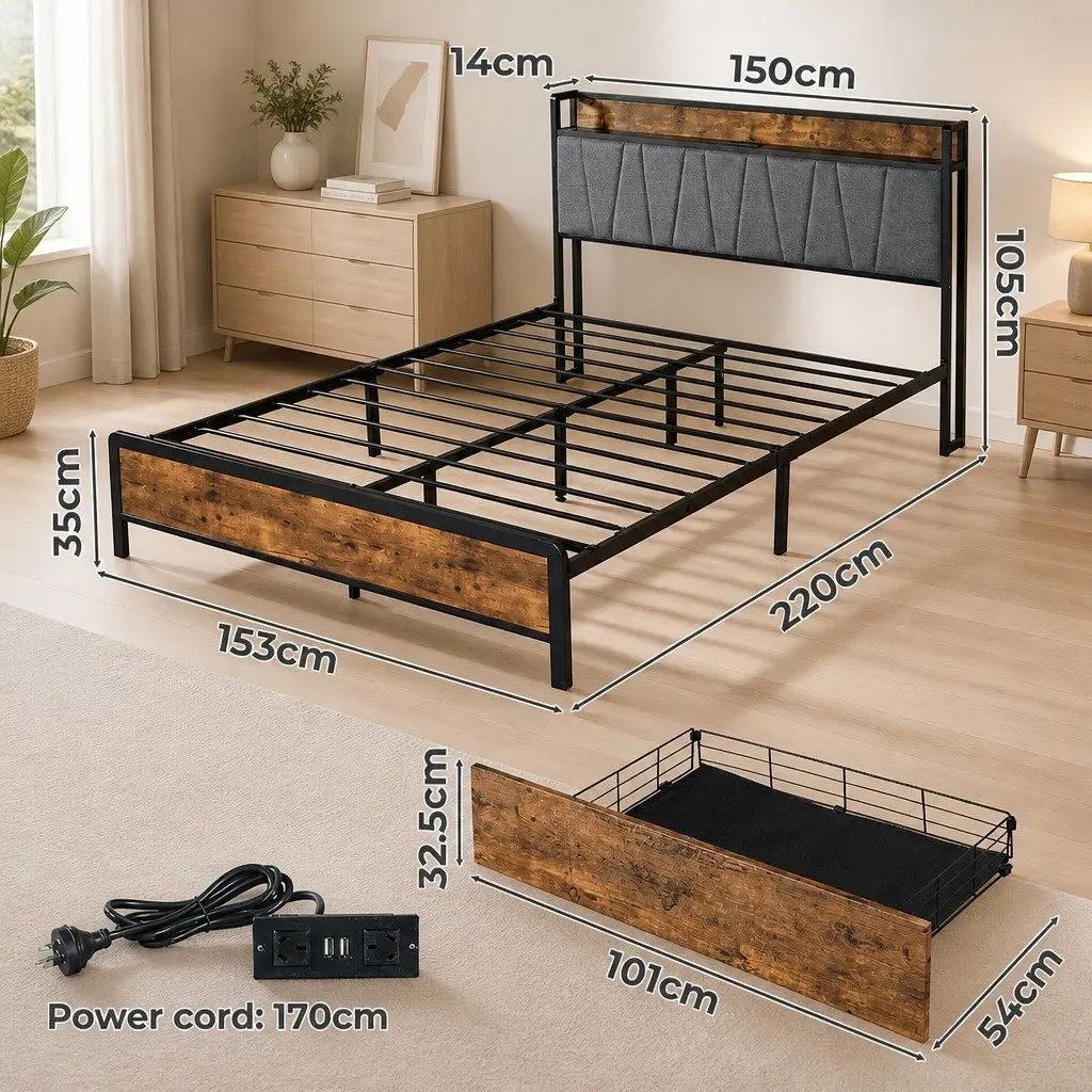 Upholstered Queen Bed Frame with USB Ports and Storage Shelf