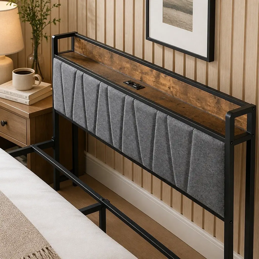 Upholstered Queen Bed Frame with USB Ports and Storage Shelf