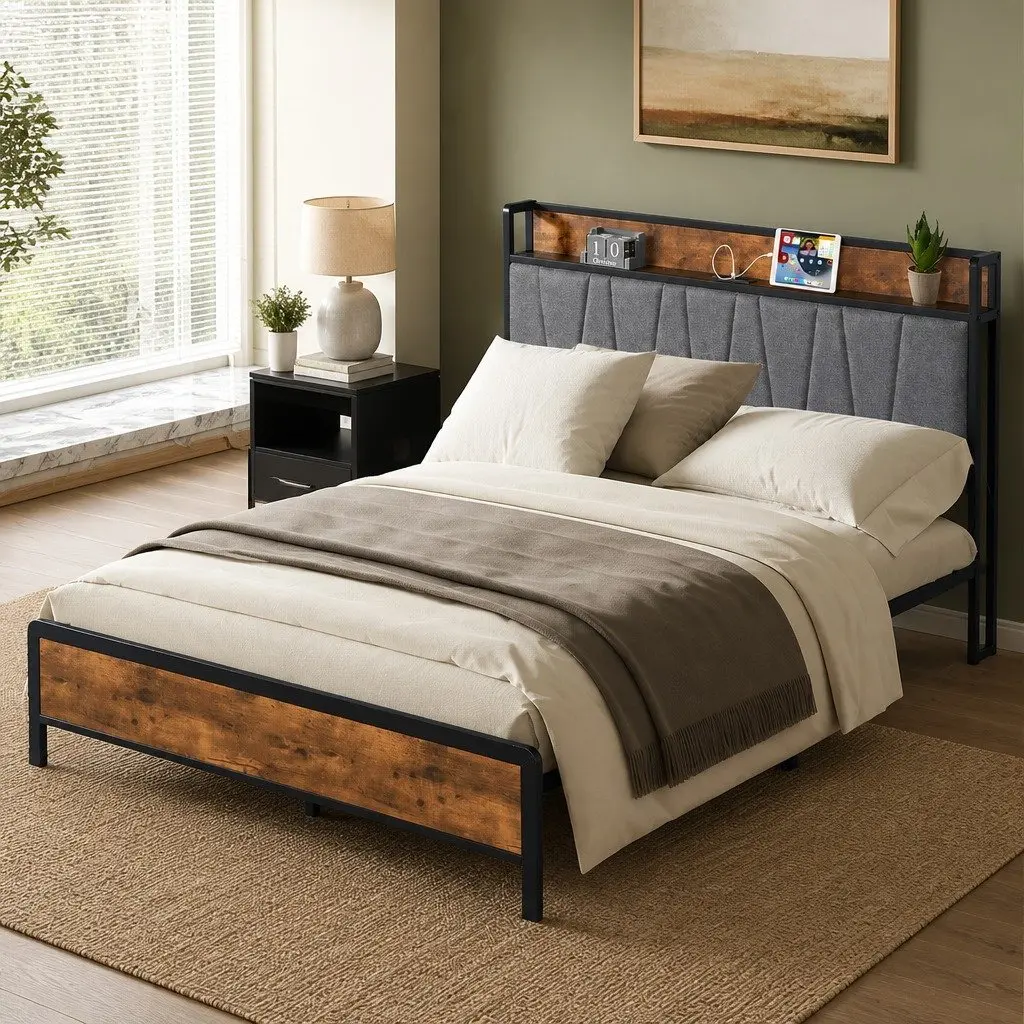 Upholstered Queen Bed Frame with USB Ports and Storage Shelf
