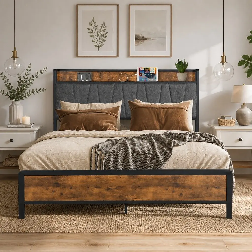 Upholstered Queen Bed Frame with USB Ports and Storage Shelf