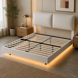 Floating Bed Frame with LED Light and Adjustable Headboard