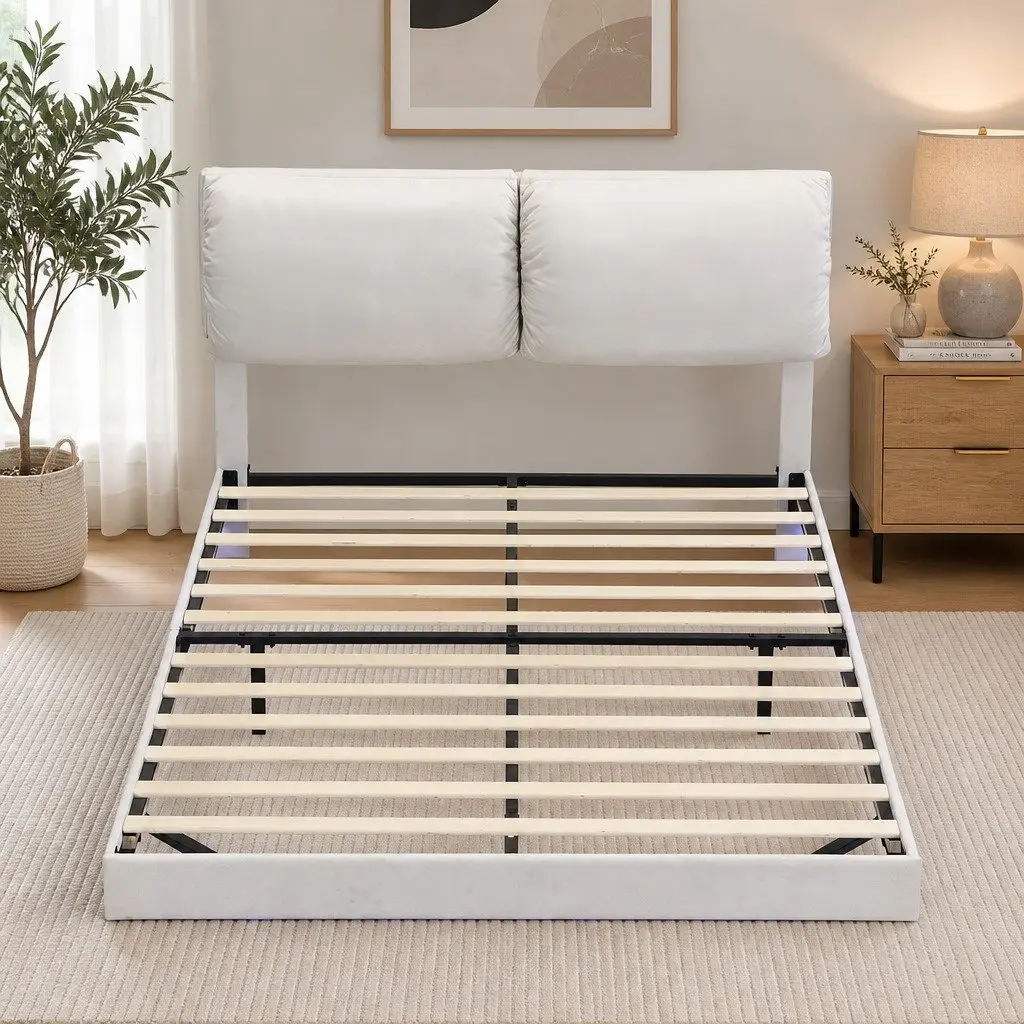 Floating Bed Frame with LED Light and Adjustable Headboard