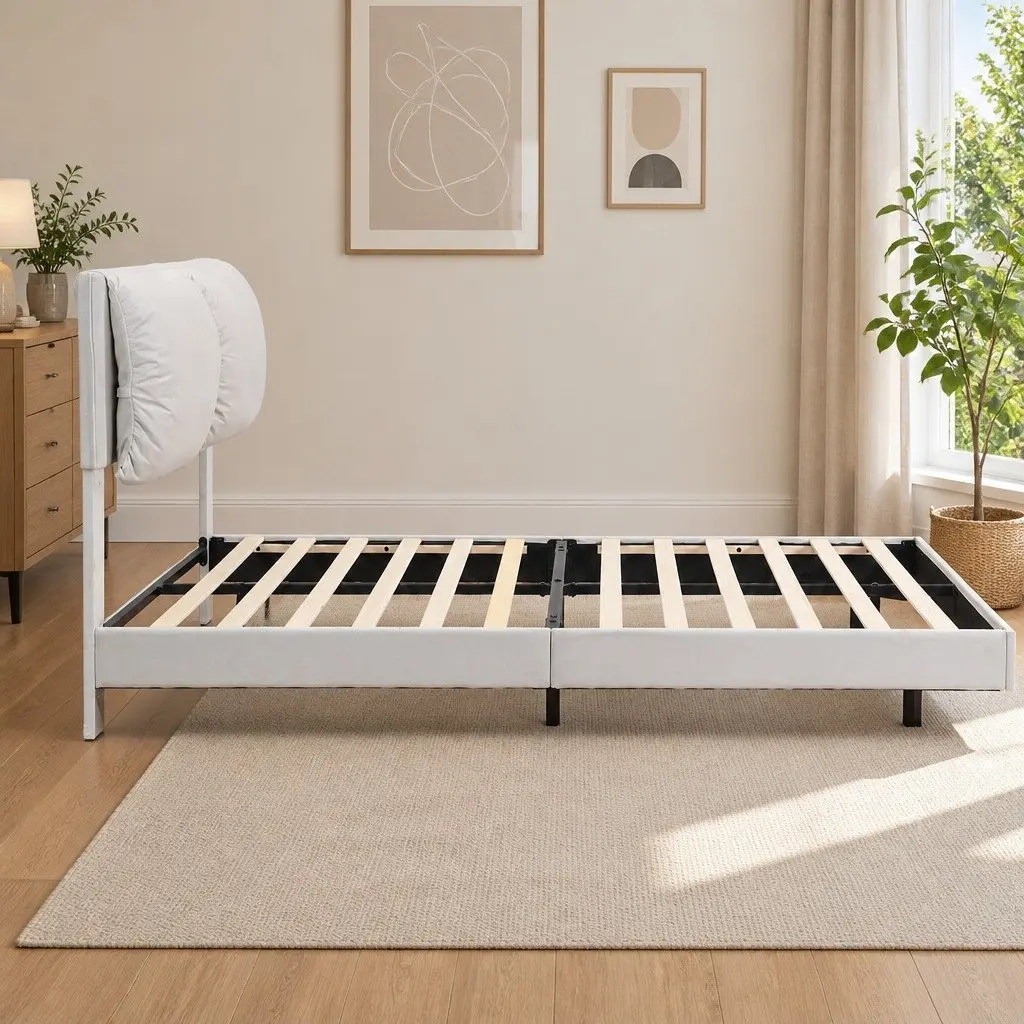 Floating Bed Frame with LED Light and Adjustable Headboard