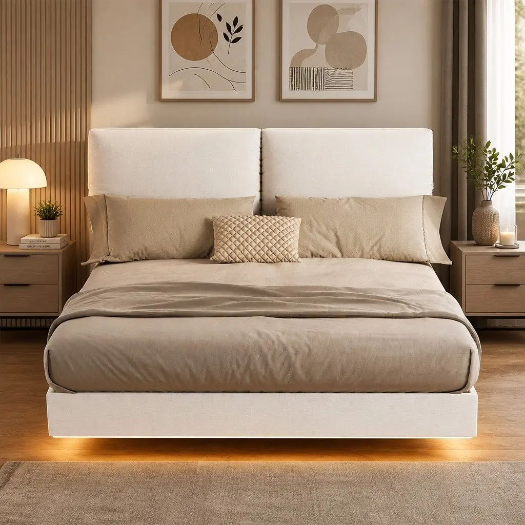 Floating Bed Frame with LED Light and Adjustable Headboard