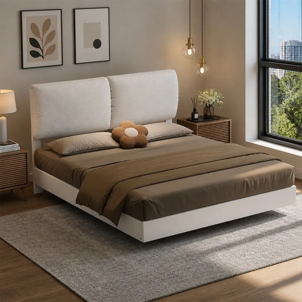 Floating Bed Frame with LED Light and Adjustable Headboard