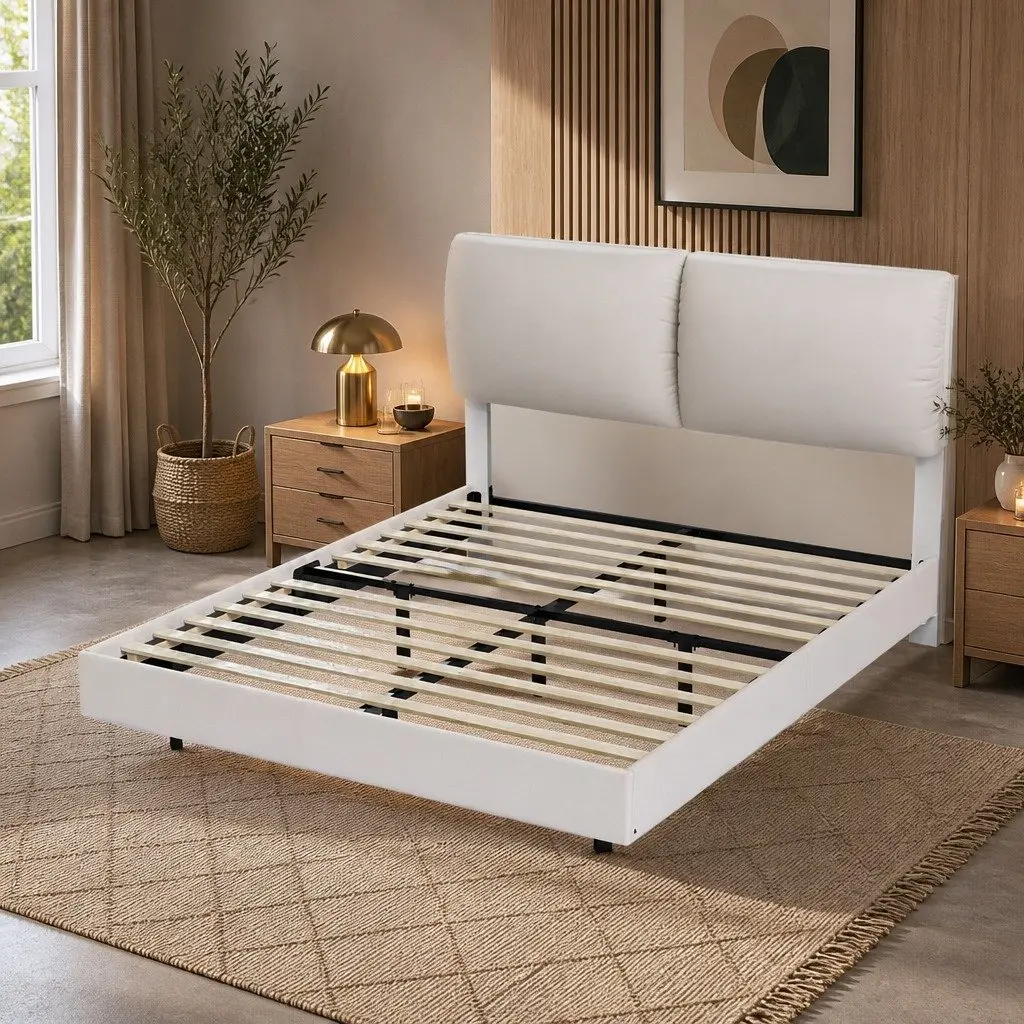 Floating Bed Frame with LED Light and Adjustable Headboard