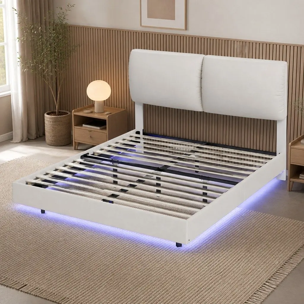 Queen Floating Bed Frame with LED Lighting and Headrest