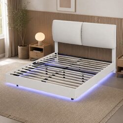 Queen Floating Bed Frame with LED Lighting and Headrest