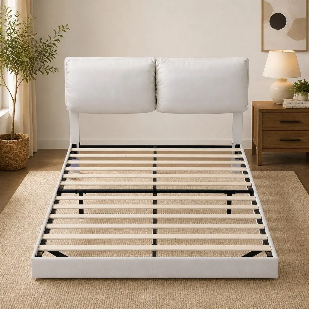 Queen Floating Bed Frame with LED Lighting and Headrest